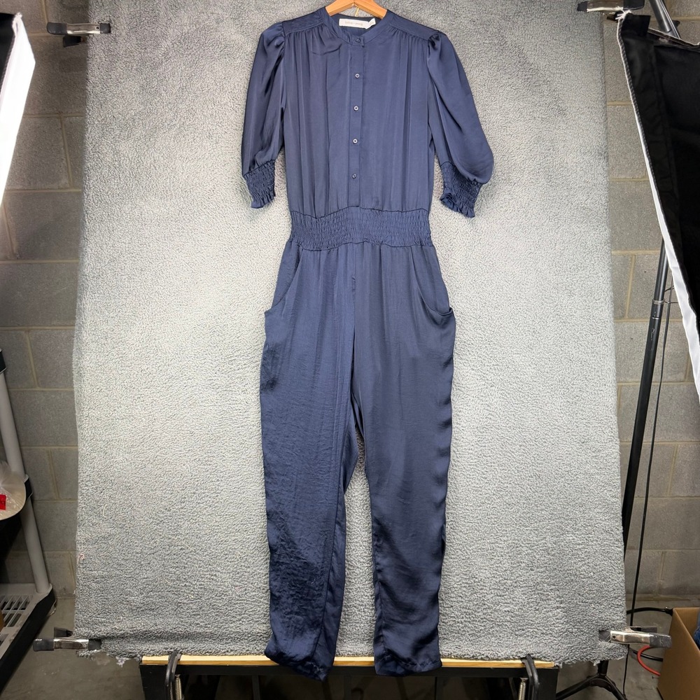 Bishop and Young Navy Blue Satin Smocked Waist‎ Button Front Jumpsuit Small